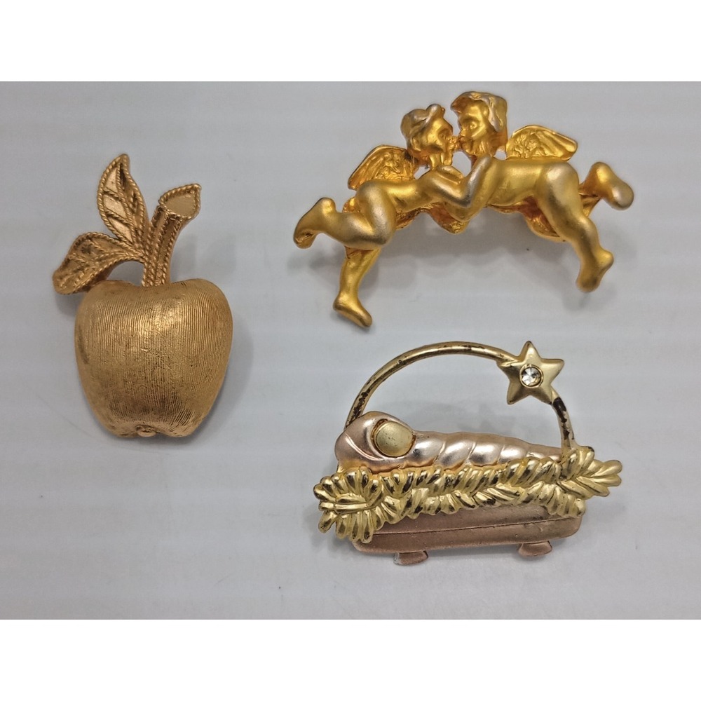 Lot 3‎ Vintage Gold Tone Brooches Avon Apple Angel Nativity